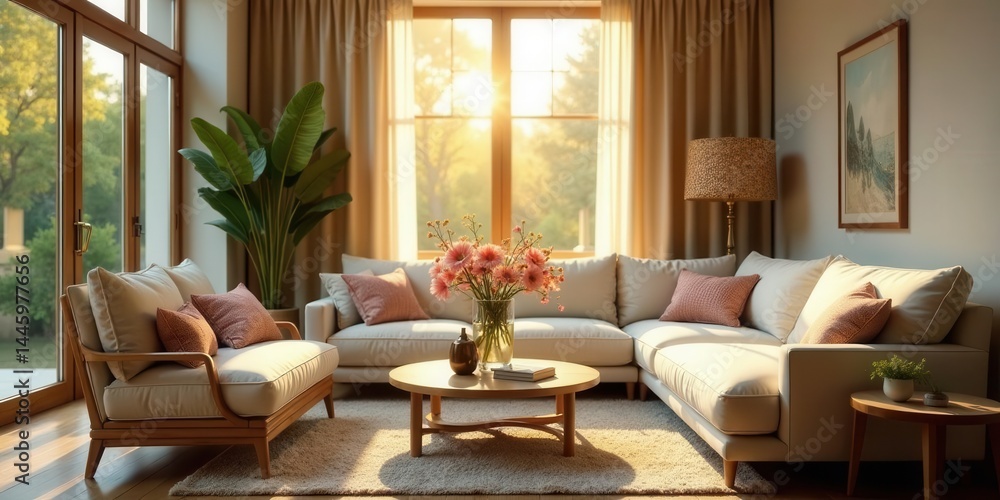 Fototapeta premium Serene Living Room with Sunlight Streaming Through Large Windows and Floral Arrangement on Coffee Table