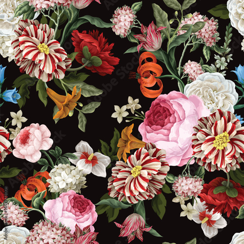 Seamless floral pattern with oil painting rococo still-lifes flowers. Vector.
