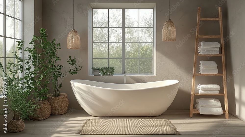Serene Modern Bathroom with Freestanding Tub and Wooden Accents in a Soft, Calming Palette Serene Modern Bathroom with Freestanding Tub and Wooden Accents in a Soft, Calming Palette