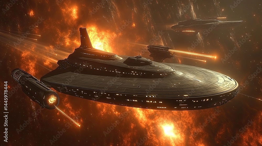 Naklejka premium Futuristic spaceship engaged in an intense space battle amidst fiery explosions and vibrant cosmic background