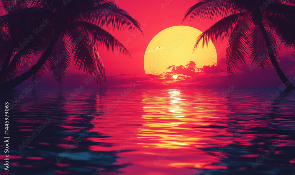 Stunning sunset over tranquil ocean with palm trees silhouetted against vibrant sky. Stunning sunset over tranquil ocean with palm trees silhouetted against vibrant sky.