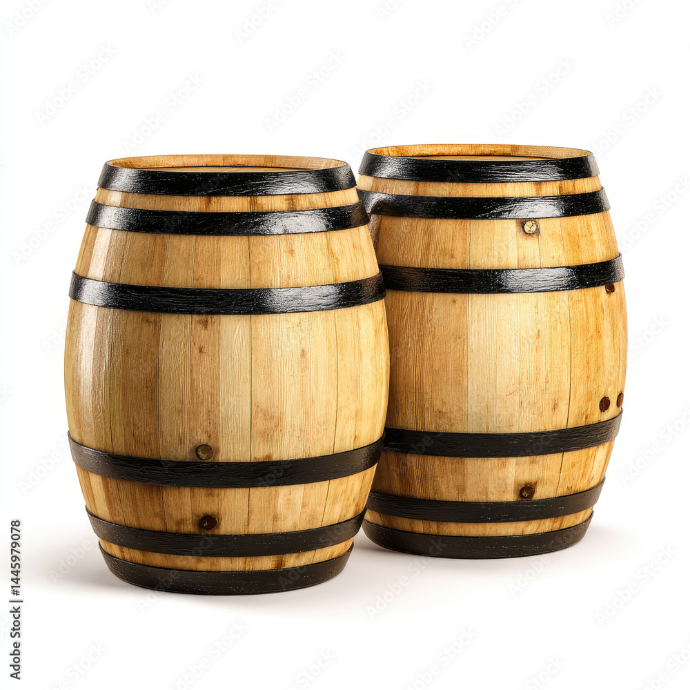Obraz premium Pair of wooden barrels against white background