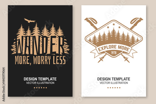 Outdoor adventure flyer, poster, banner design. Concept for shirt or logo, print, stamp or tee with pine forest, hiking poles and condor silhouette. Outdoor adventure. Vector illustration.