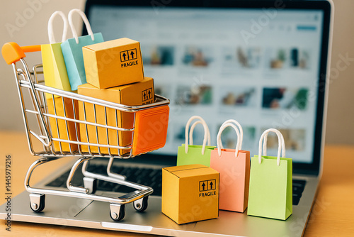 shopping bag with cart on the table