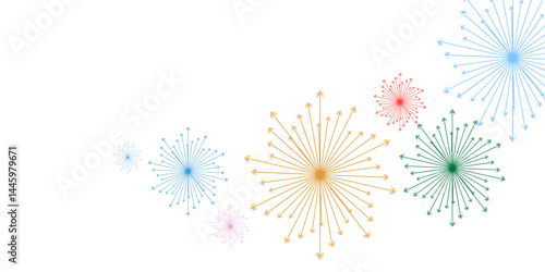 Flat colorful fireworks festive celebration new year illustration vector design. Bursting fireworks with circle and sparks background. Indian festival decoration.  Spectacolor Pyrotecnico, Foucha art.