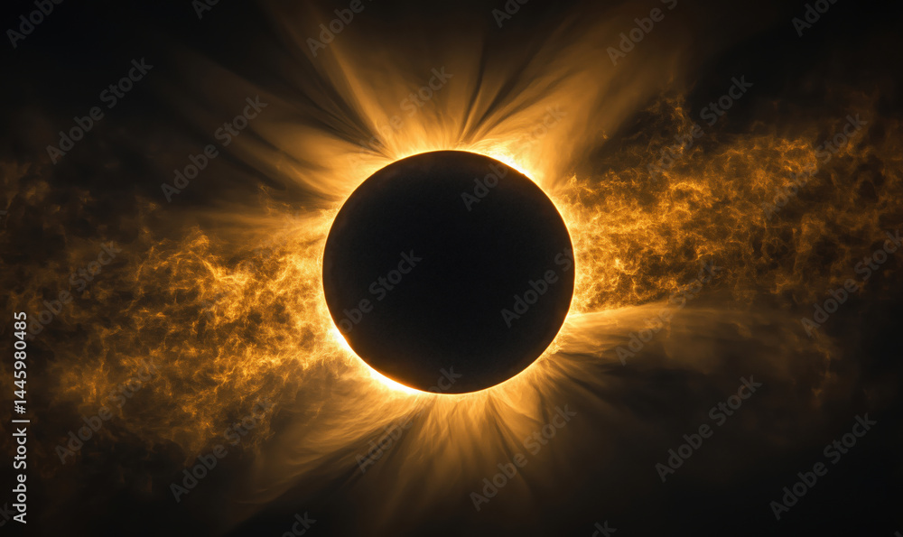 Naklejka premium Stunning solar eclipse with fiery corona and darkened sun at center.
