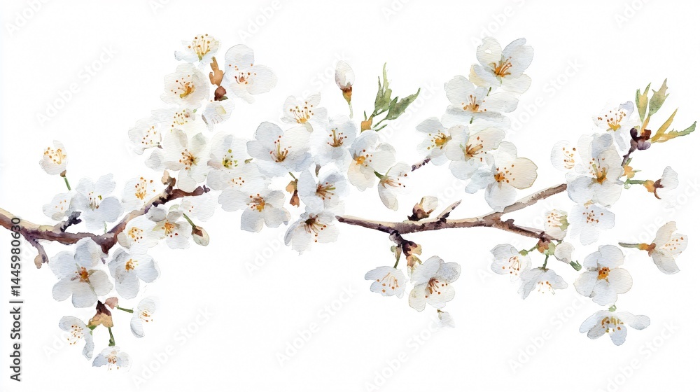 Elegant Watercolor of White Cherry Blossom Branches Isolated Elegant Watercolor of White Cherry Blossom Branches Isolated