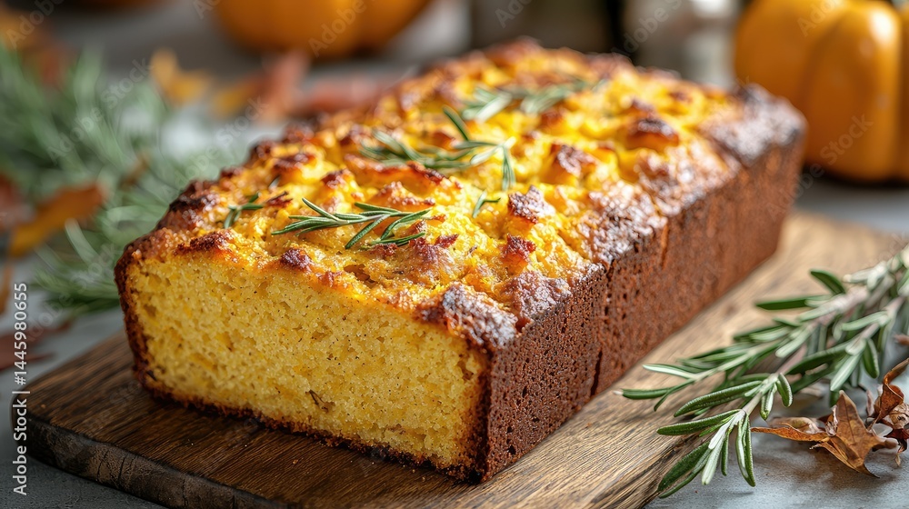 Golden loaf of pumpkin bread, topped with fresh rosemary, sits on a wooden board Golden loaf of pumpkin bread, topped with fresh rosemary, sits on a wooden board