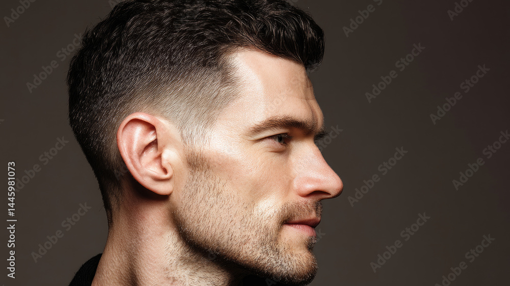 Fototapeta premium Closeup profile of a man with short dark hair