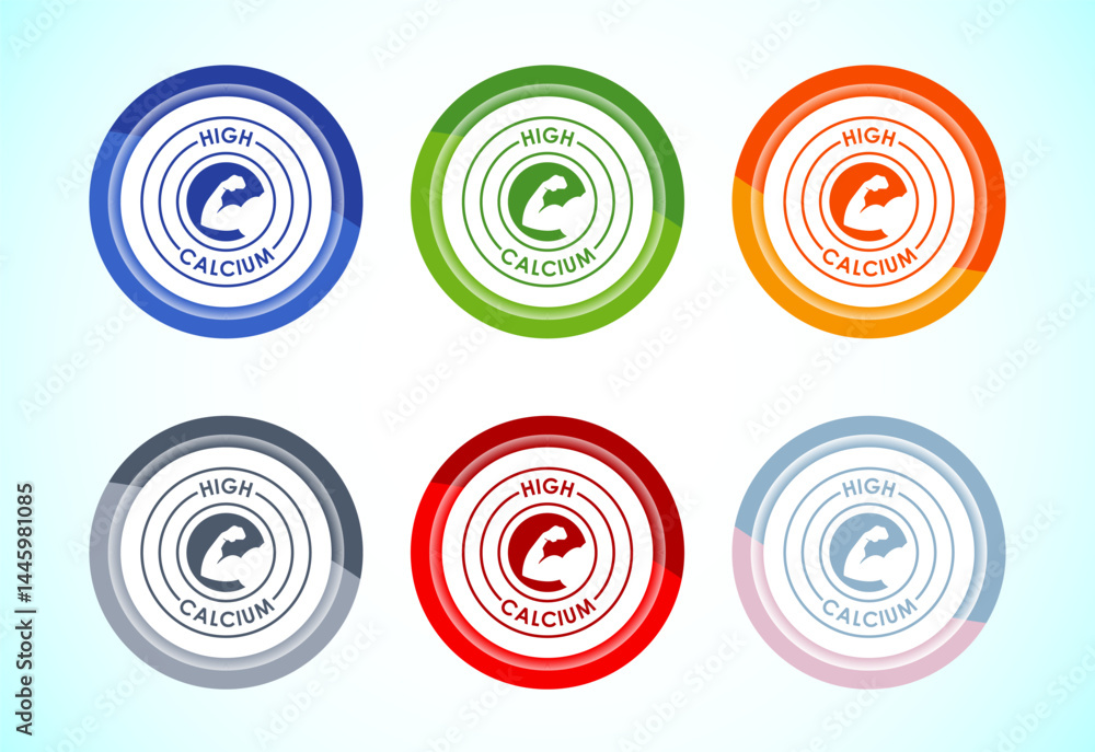 High calcium icon design illustration, High calcium label, logo, sign, symbol, 6 color button design set High calcium icon design illustration, High calcium label, logo, sign, symbol, 6 color button design set