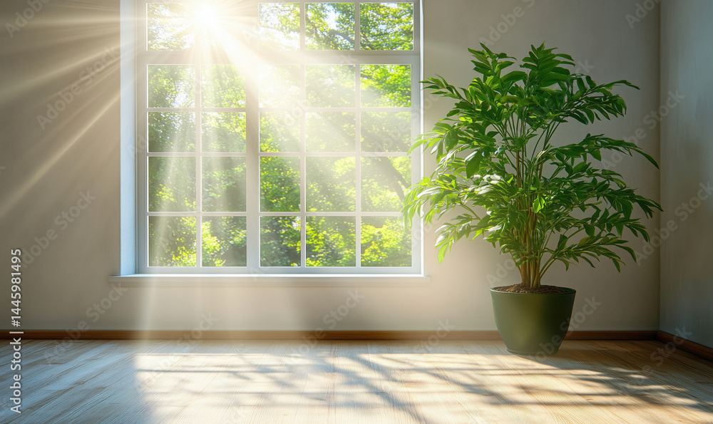 Fototapeta premium Sunlight streaming through window illuminating indoor plant in bright room.