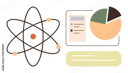 Atomic structure model alongside a dashboard with pie chart and data form displays. Ideal for science, education, analytics, research, technology, STEM visuals, simple landing page