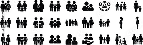 Family relationship vector icon set. Vector glyph pictograms of couple, parent, child, elderly people, pregnancy, parenting, community, single mother, social care black vector silhouette illustration