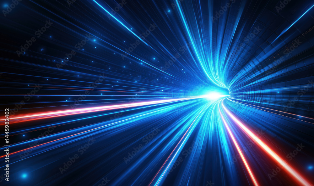 Futuristic light tunnel with vibrant blue and red streaks creating a sense of speed. Futuristic light tunnel with vibrant blue and red streaks creating a sense of speed.