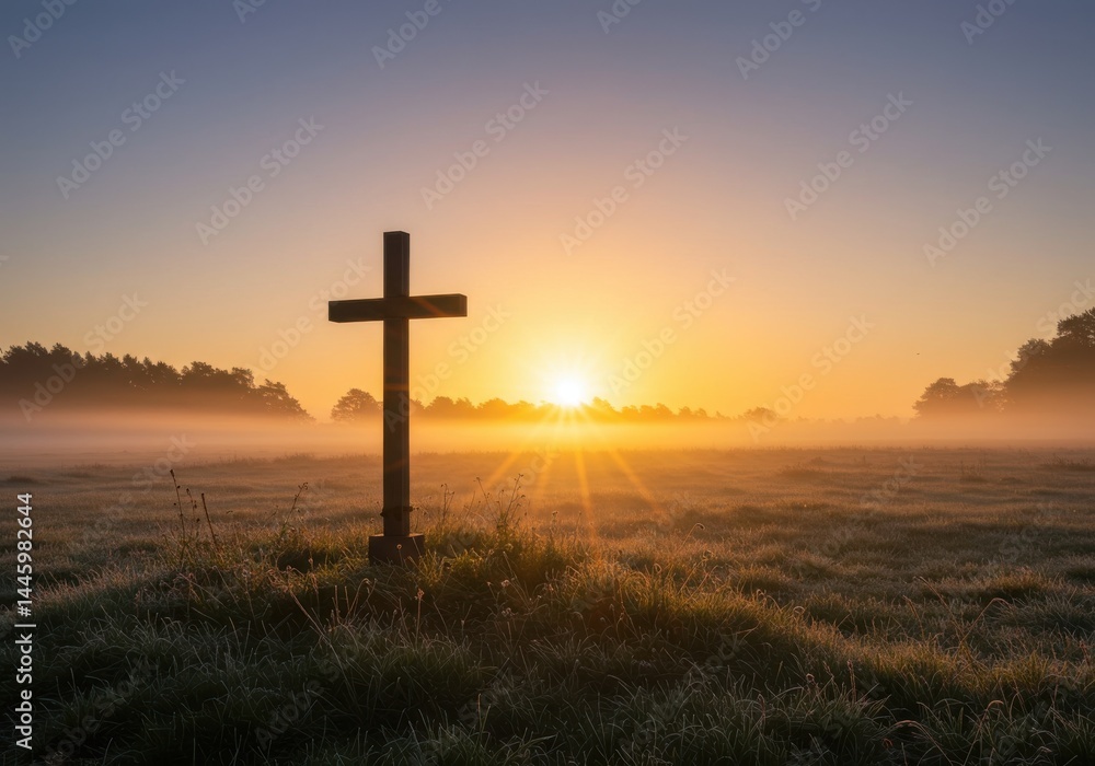Wooden cross in grassy field at sunrise with golden glow and soft rays Wooden cross in grassy field at sunrise with golden glow and soft rays