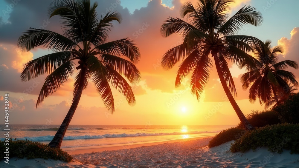 Serene Sunset Beach Scene with Silhouetted Palm Trees, Golden Hour Light on Sandy Shore and Ocean Waves Serene Sunset Beach Scene with Silhouetted Palm Trees, Golden Hour Light on Sandy Shore and Ocean Waves