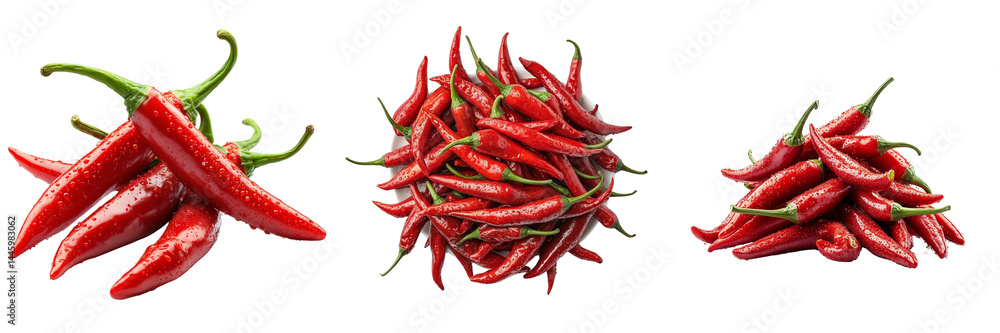 Set of A bundle of fresh red chili peppers tied with twine next to a small pile of chili flakes and spice dust on transparent png background. Ai generated Set of A bundle of fresh red chili peppers tied with twine next to a small pile of chili flakes and spice dust on transparent png background. Ai generated