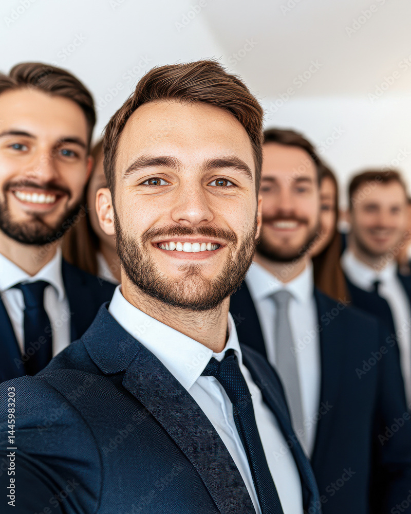 A group of smiling professionals in formal attire posing together for a photo. A group of smiling professionals in formal attire posing together for a photo.