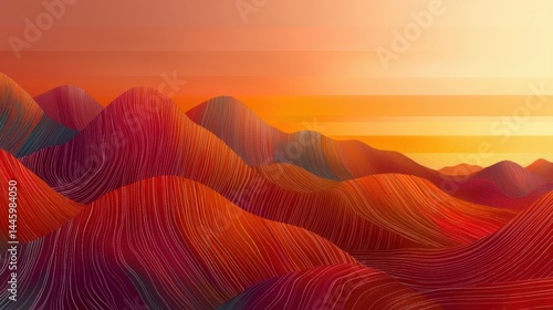 Colorful, abstract mountain range at vibrant sunset. Layered, textured hills with warm hues.