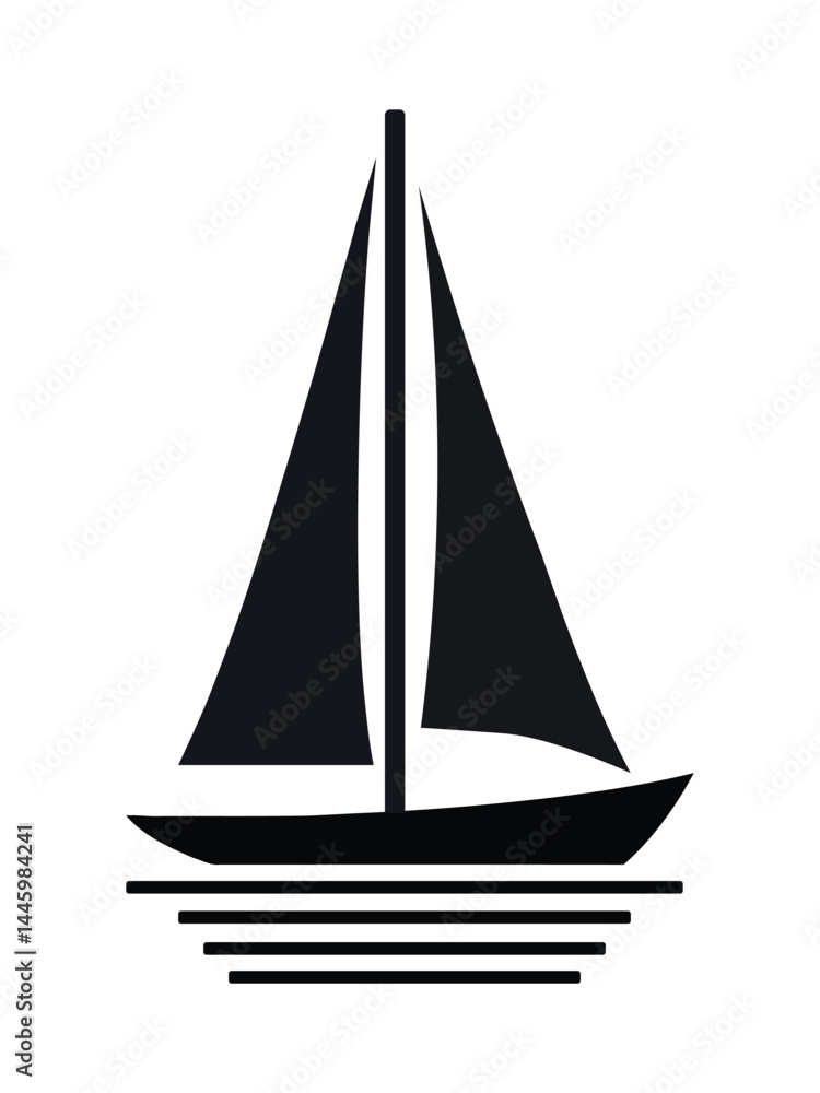 Black Sailboat Silhouette Vector with Horizontal Waves on White Background Black Sailboat Silhouette Vector with Horizontal Waves on White Background