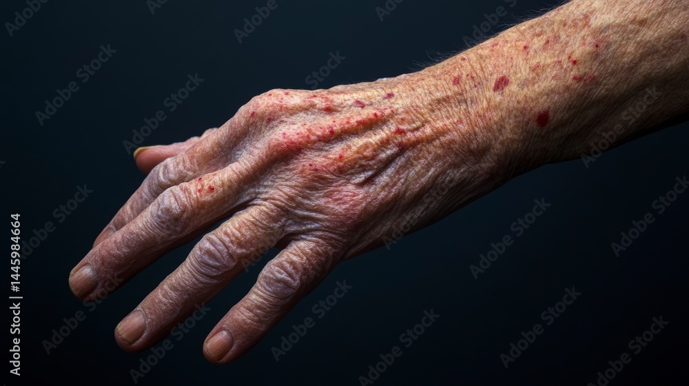 Fototapeta premium Close-up of an elderly person's hand showing age spots and wrinkles.