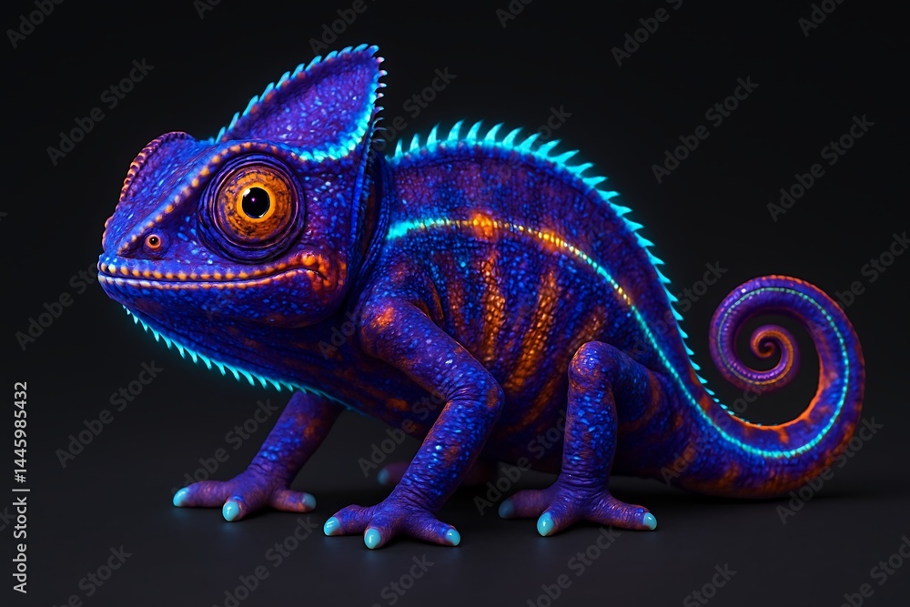 Fototapeta premium A vibrant, glowing chameleon with mesmerizing colors, showcasing its intricate details and unique, magical appearance
