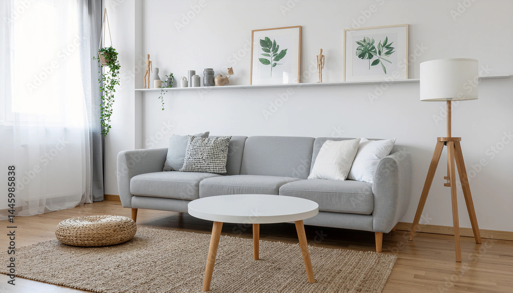 Fototapeta premium Modern Minimalist Living Room with Light Gray Sofa. Light gray sofa with white cushions, round coffee table on jute rug, natural fiber pouf, shelf with decor, tripod lamp, and hanging plant by window