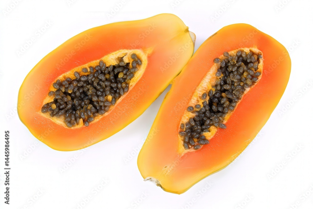 Halved ripe papaya fruit with orange flesh and black seeds
Halved ripe papaya fruit with orange flesh and black seeds