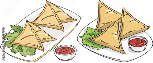 Golden crispy samosas served on a white plate with vibrant red dipping sauce and fresh green garnish on a blurred restaurant background