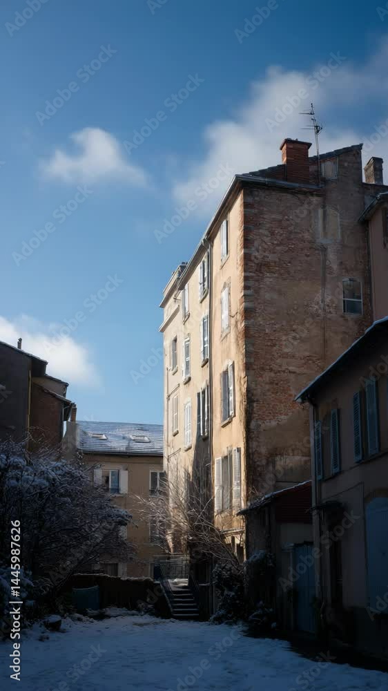Snowy courtyard in a European town with residential buildings and blue sky and clouds on a winter day, creating a serene and picturesque scene. Snowy courtyard in a European town with residential buildings and blue sky and clouds on a winter day, creating a serene and picturesque scene.