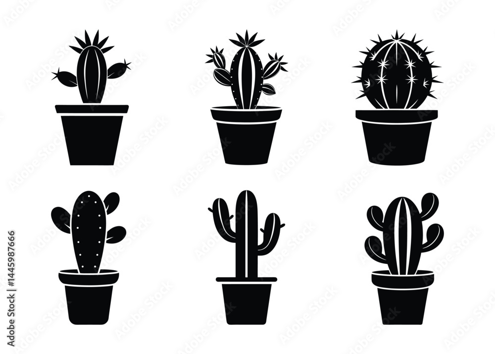 Fototapeta premium Black cactus silhouettes, Vector set cactus icon on white background