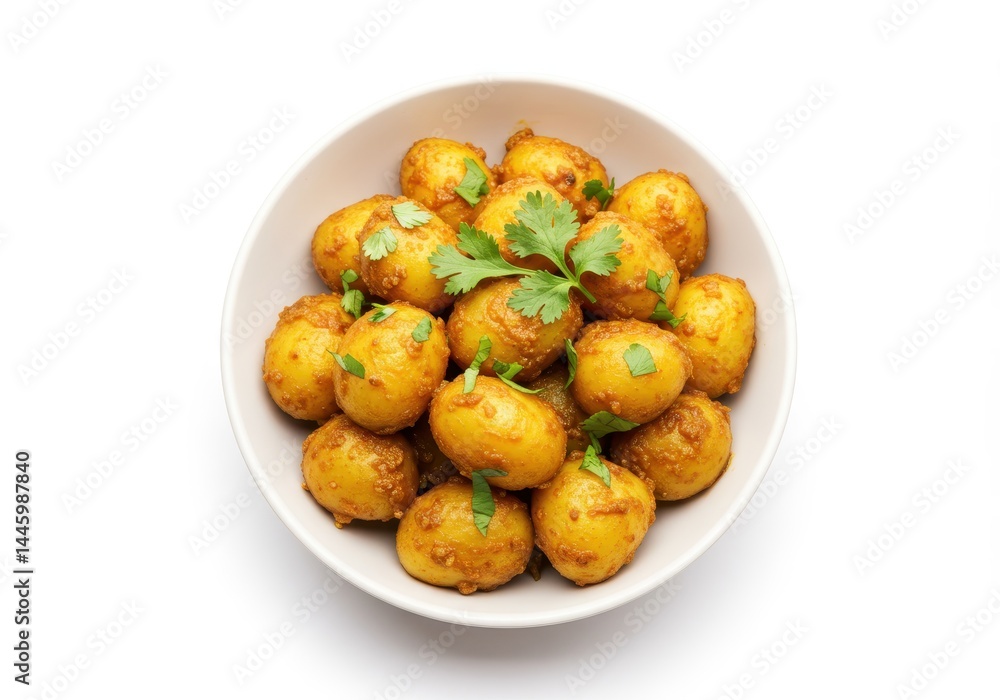 Potato curry dish with cilantro garnish in a white bowl on a white background Potato curry dish with cilantro garnish in a white bowl on a white background