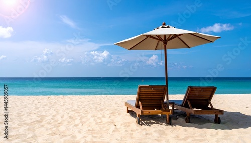 Two wooden lounge chairs with a white umbrella face a calm turquoise ocean on a sandy beach under a clear blue sky with scattered clouds.