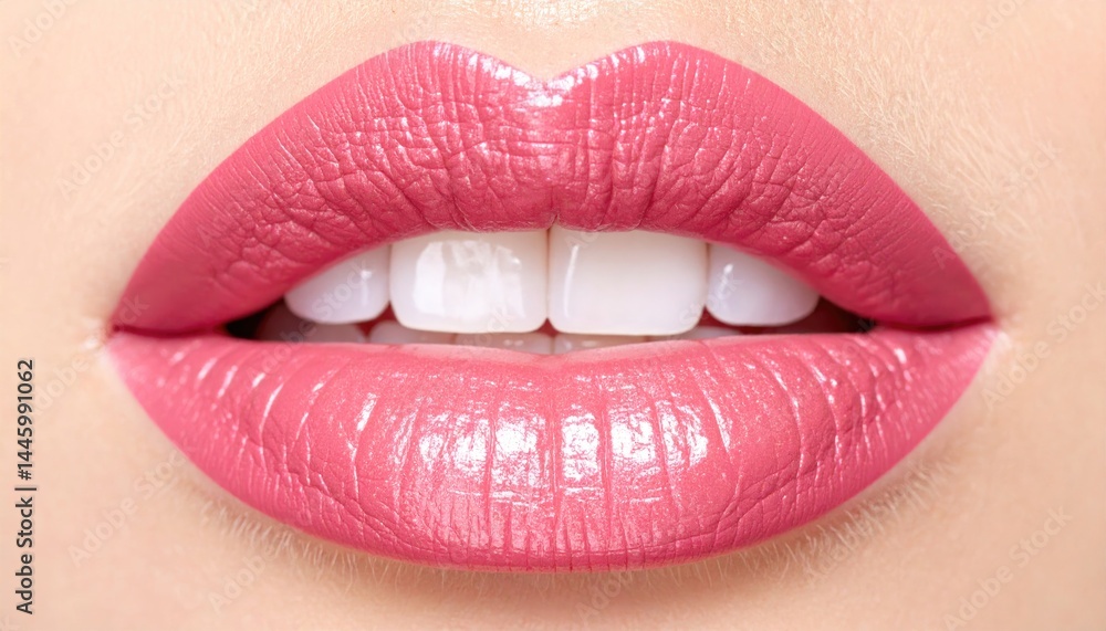 Fototapeta premium Close-up of female lips with vibrant pink lipstick showcasing glossy texture and perfect white teeth. Focus is on the lips highlighting the cosmetic application and aesthetic beauty.
