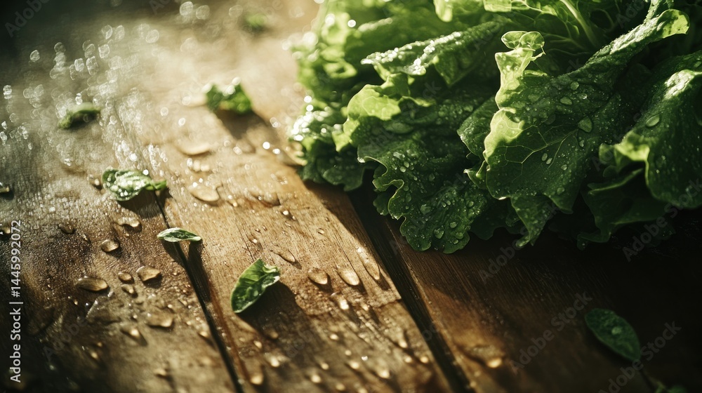 Obraz premium Fresh, vibrant lettuce on a rustic wooden surface, glistening with water droplets