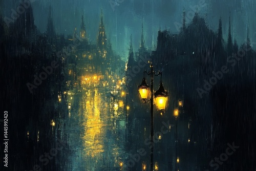 Wallpaper Mural Rainy night city street scene Torontodigital.ca