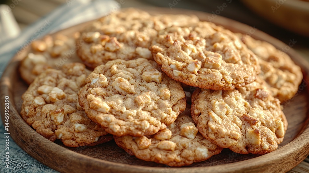 Wooden plate with cookies. Warm, delicious treat stack Wooden plate with cookies. Warm, delicious treat stack