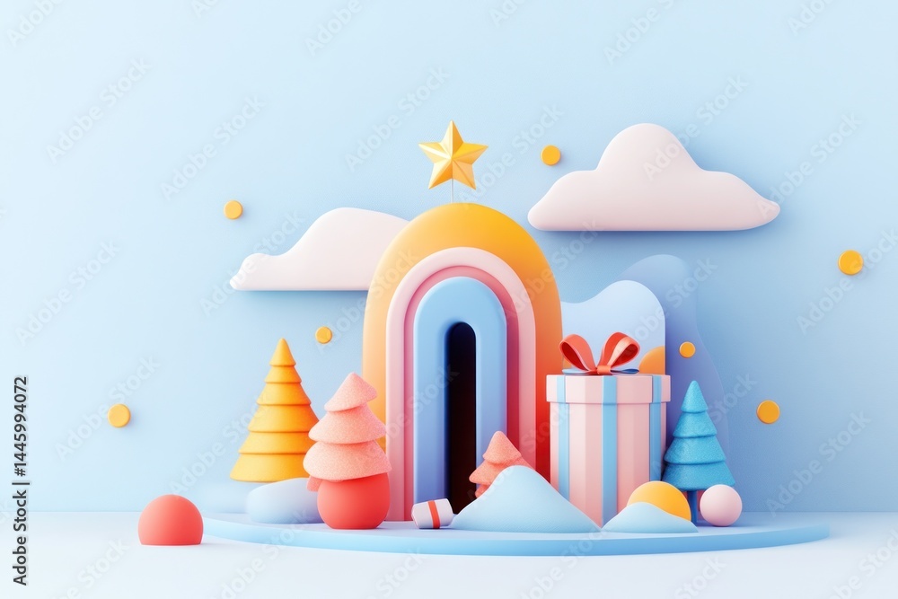 Fototapeta premium Festive Winter Scene with Rainbow and Gift