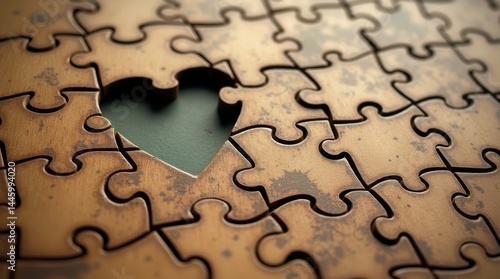 A partially assembled puzzle with worn, wooden pieces and a soft, golden glow emanating from the edges, rests on a creamy, aged paper background, with the missing piece, a delicate, crimson heart