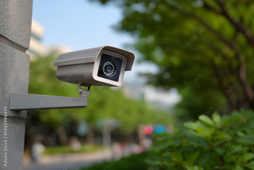 cctv security camera on side of building in busy urban area cctv security camera on side of building in busy urban area
