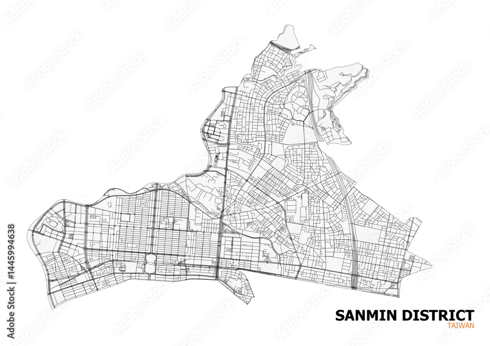 Fototapeta premium Vector map of Sanmin, Taiwan, highlighting highways and road networks. Clean and modern design, ideal for urban planning, infrastructure analysis, or educational purposes.