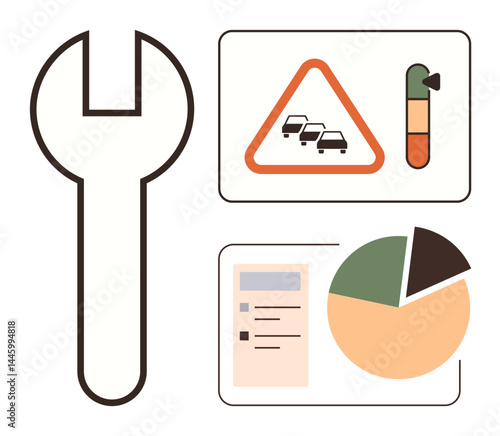 Wrench, traffic congestion warning, fuel level gauge, pie chart, and form, symbolizing tools, data, and efficient systems. Ideal for analytics maintenance operations performance metrics