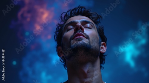High-resolution stock photo of a serene male figure in his mid-30s with an introspective expression, eyes closed, and a subtle upwards tilt to his head, conveying a state of deep contemplation