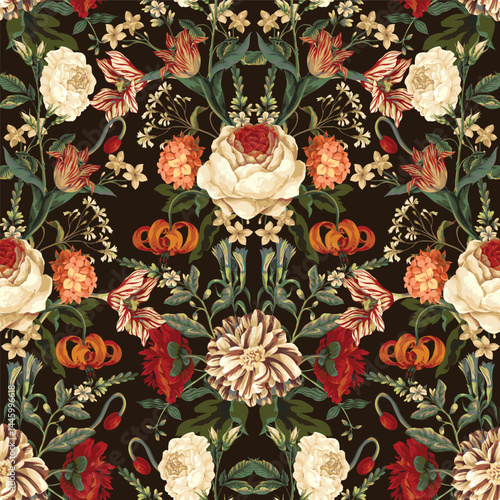 Seamless floral pattern with oil painting rococo still-lifes flowers. Vector.