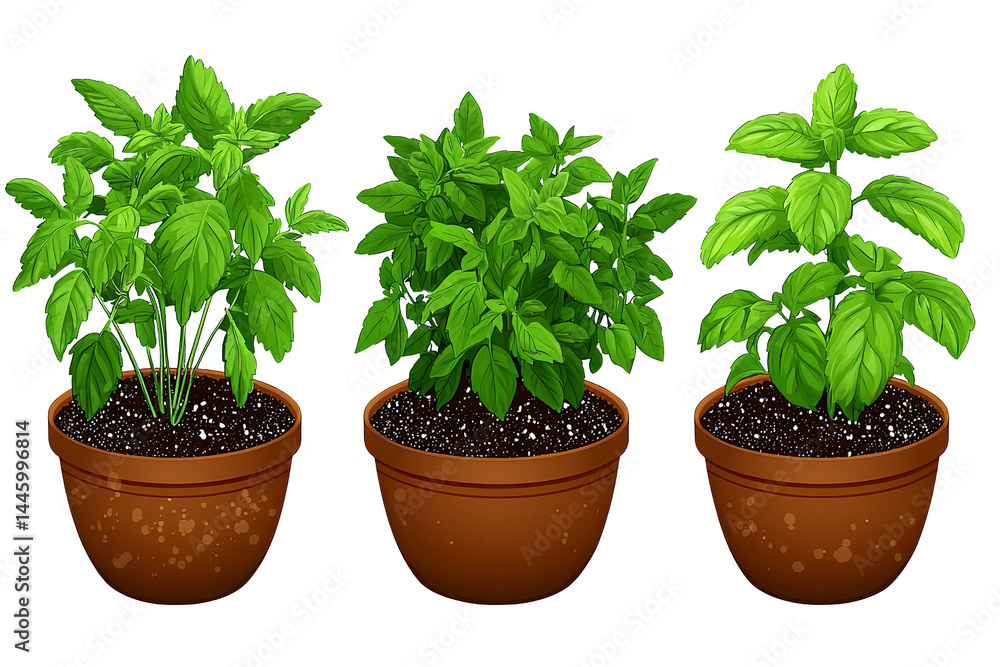 Three Potted Green Herbs with Terracotta Pots on Transparent Three Potted Green Herbs with Terracotta Pots on Transparent