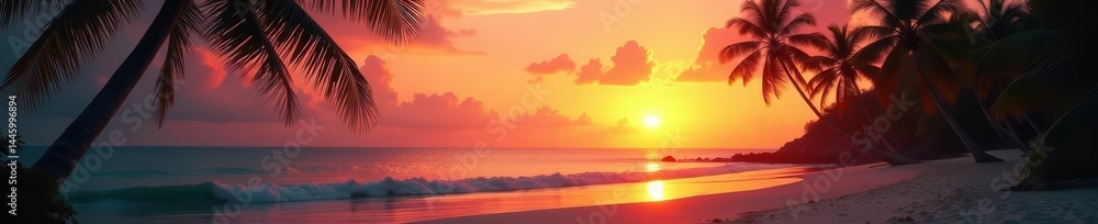 Fototapeta premium Sunset over calm beach with palm trees, serene tropical scene, outdoors, palm trees, landscape