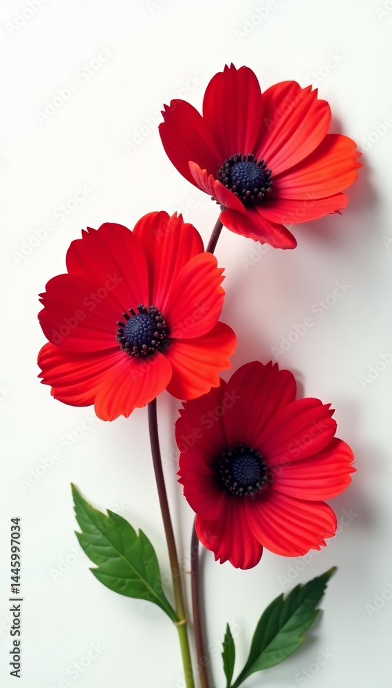 Fototapeta premium Three vibrant red flowers with dark centers on a clean white background, fresh, vivid