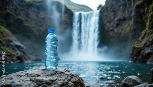 A plastic water bottle sits on a rock with a waterfall and clear blue river in the background.