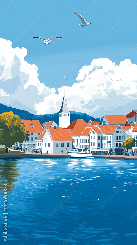 Obraz premium Illustration, view on stavanger old city centre in Norway, touristic advertisement poster, travel poster. Beautiful must-see touristic spot in northern Europe. Beautiful scandinavian destination.