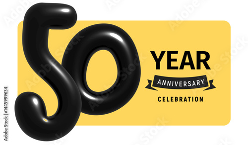 50 Year Anniversary Celebration Banner With Glossy Black Balloon Numbers And Yellow Background. Perfect For Milestone Events And Parties. Vector Illustration